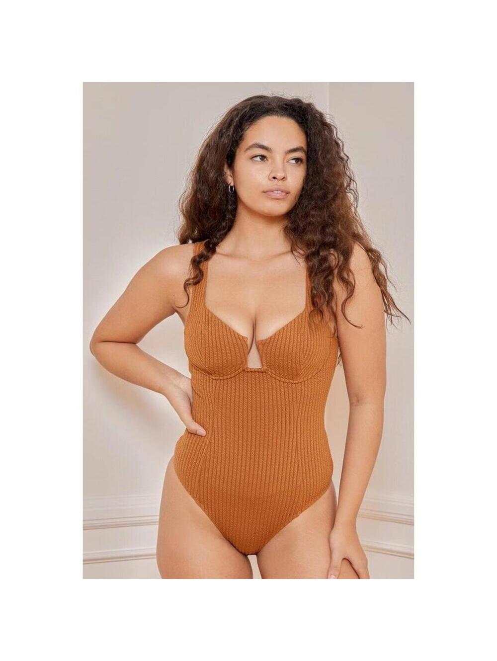 ASTR the Label Aria Rust Brown Ribbed Bustier Bodysuit Size S Ribbed Stretchy
